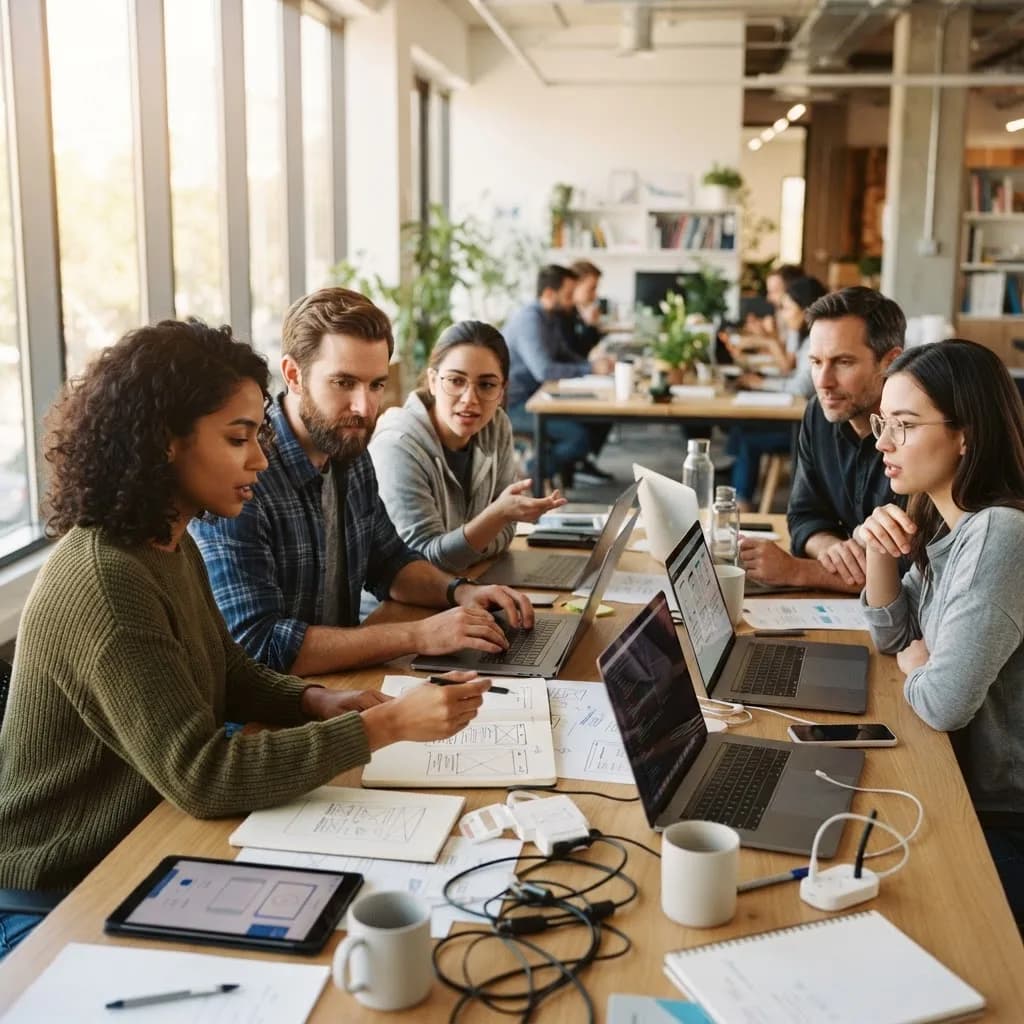 Équipe produit collaborant dans un studio lumineux