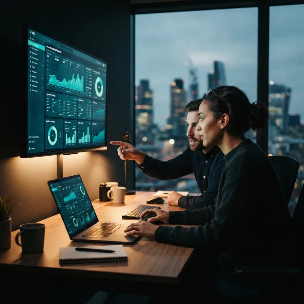 Deux consultants d’une agence SEO analysant des tableaux de bord clients