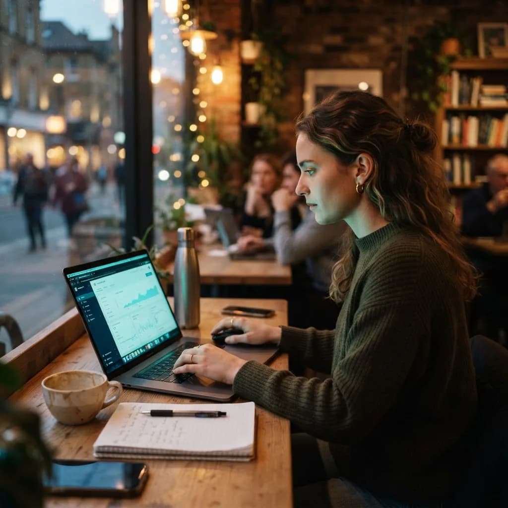 Consultante freelance gérant plusieurs sites clients depuis un espace de coworking