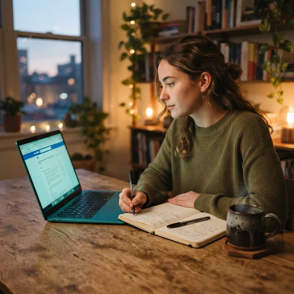 Personne lisant et prenant des notes devant un ordinateur portable