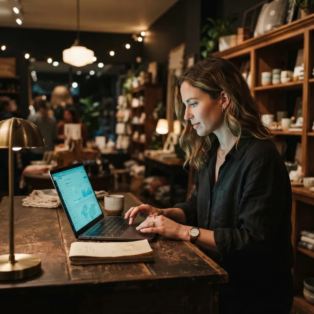 Commerçante consultant la visibilité en ligne de son entreprise sur un ordinateur portable