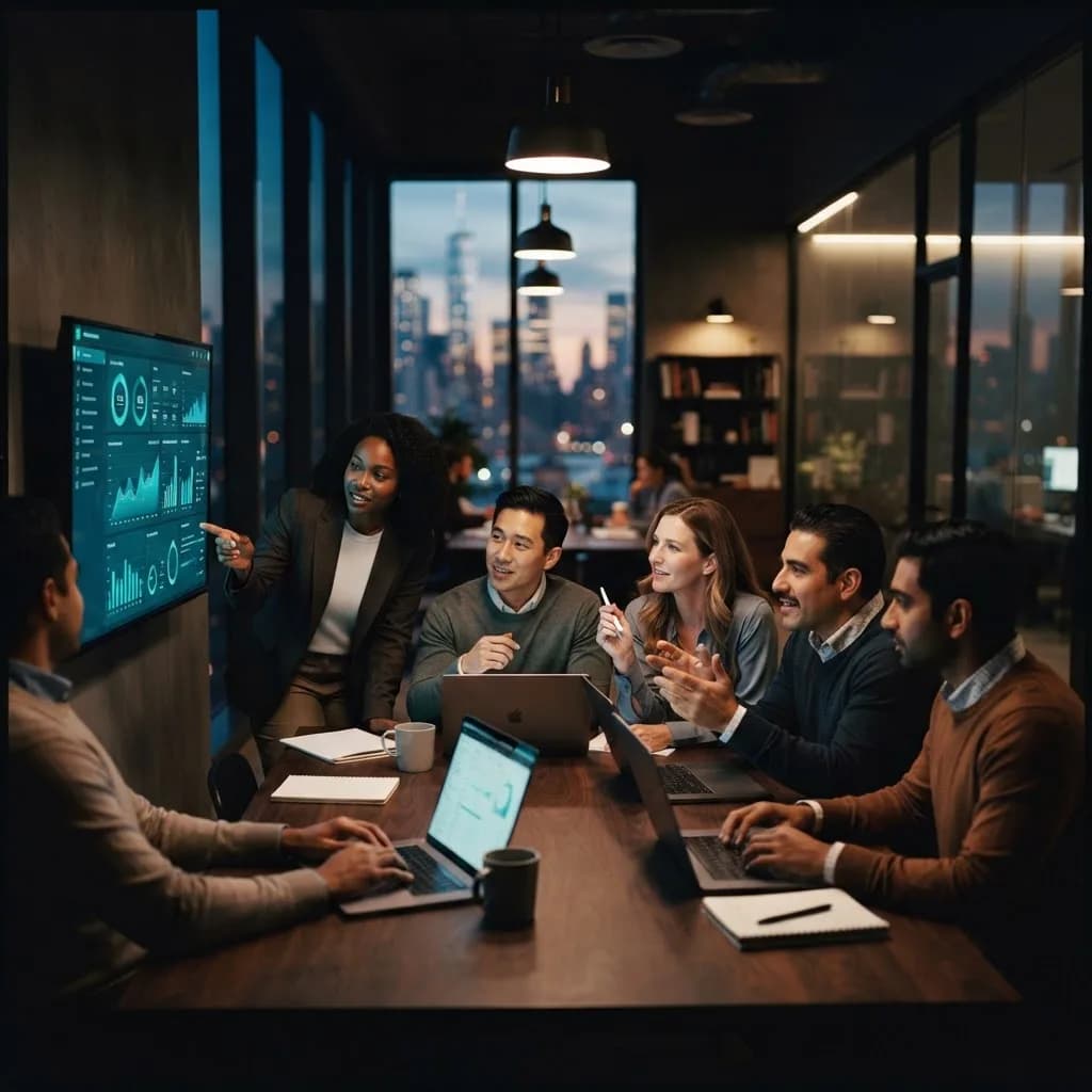 Équipe de professionnels collaborant autour d’un tableau de bord partagé